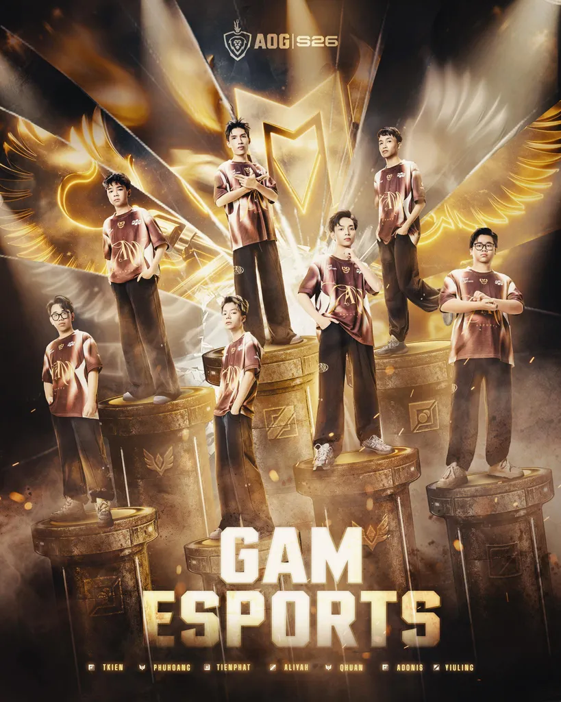 GAM Esports Arena of Valor team key visual, the players in GAM jerseys under golden wings