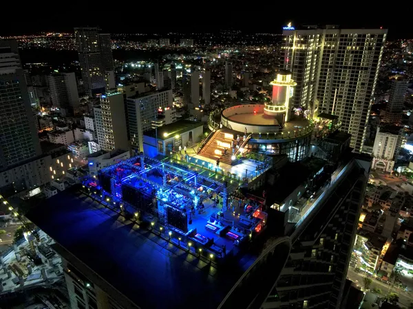 Skylight Nha Trang lit up blue at night above the Nha Trang skyline