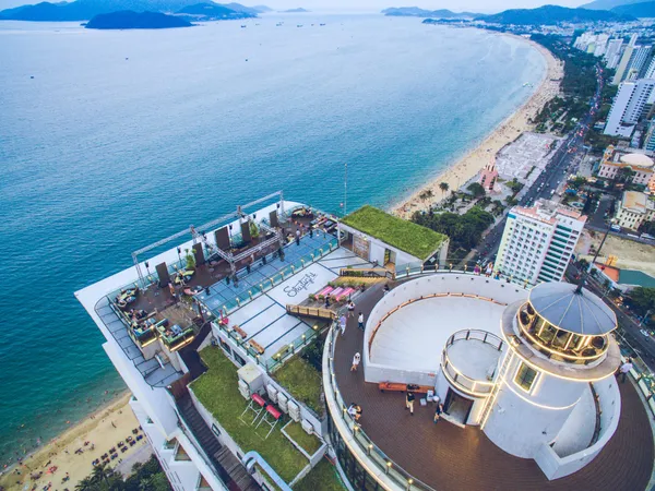 Aerial view of Skylight Nha Trang, the rooftop venue above Nha Trang beach and bay