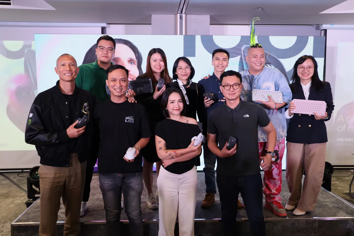 The Masters and the Logitech team on stage at the MX Master 4 launch, holding MX mice and keyboards